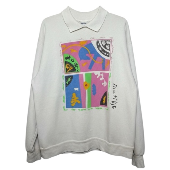 Vintage Tops - Vintage MATISSE Collared Polo Sweater Size Medium White 80s 90s French Art